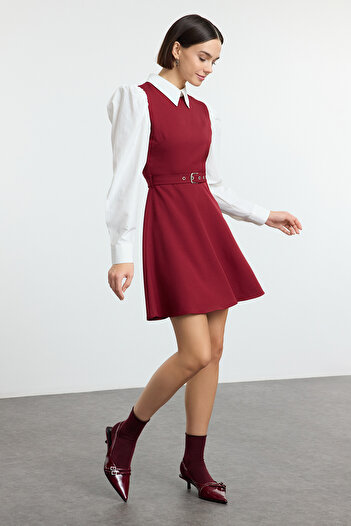 Trendyol Collection Burgundy Belt Waist Opening Shirt Detail Mini Woven Dress Twoaw25El00398