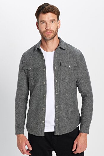 Tudors Чоловіча сорочка Slim Fit, вузького крою, з двома кишенями, з кришкою, сіра, зимова