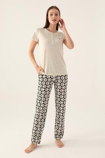 Arnetta Button-Down Collar Geometric Print Pajamas Set for Women, Plus Size Sleepwear, 100% Cotton