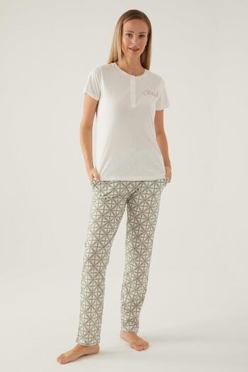 Arnetta Buttoned Crew Neck Summer Women's Pajamas Set, 100% Cotton Sleepwear