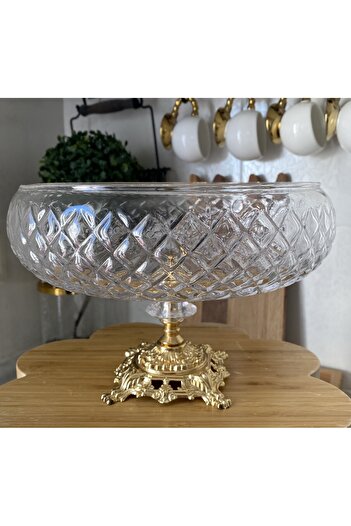 atabey home collection Lotus Crystal 24 cm - Gold Foot Salad Bowl with Square Cutting Decor