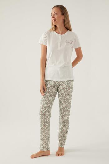 Arnetta Buttoned Crew Neck Summer Women's Pajamas Set, 100% Cotton Sleepwear