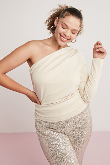ETHIQUET Μπλούζα Estee Beige Plus Size - One Shoulder, Strechy Texture, Drape Detailed, Asymmetrical Collar