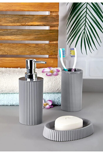 Lida Bathroom Set of 3 Round Line Model - Liquid Soap Dispenser, Toothbrush Holder, Solid Soap Dispenser