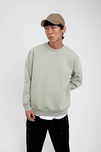 NOMARC Mint Green Crew Neck Basic Raised Sweatshirt
