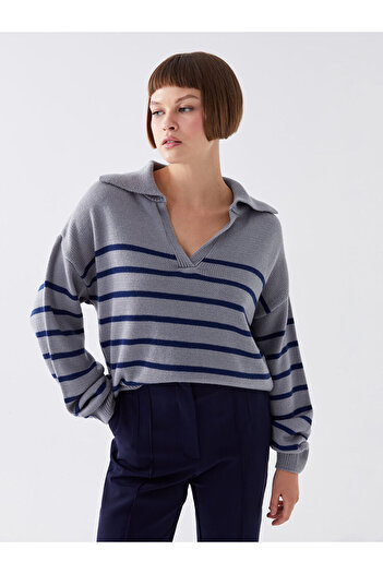 LC Waikiki Gestreifter langärmliger Damen-Strickpullover mit Polokragen