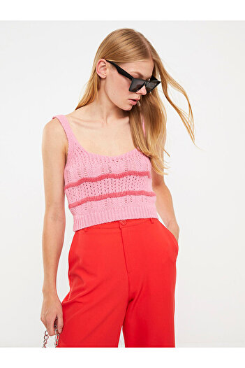 LC Waikiki Lcw Vision Fuchsia U-Neck Patterned Straps Crop Women's Knitwear Sweater