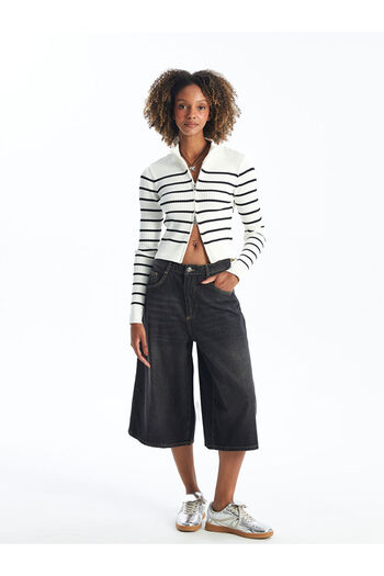LC Waikiki Long Sleeve Striped Stand Collar Women's Knitwear Cardigan