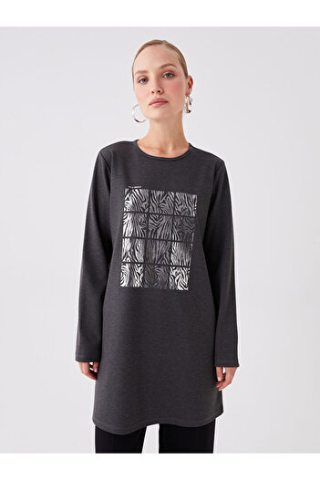 LC Waikiki Anthracite Crew Neck Printed Long Sleeve Women's Tunic