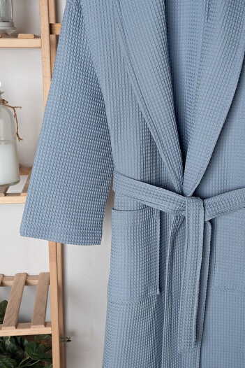 HOME 1961 Μπουρνούζι από 100% βαμβάκι Unisex Blue Waffle Pique - Μπουρνούζι με γιακά με υψηλή απορρόφηση νερού και μαλακό σάλι - Home1961
