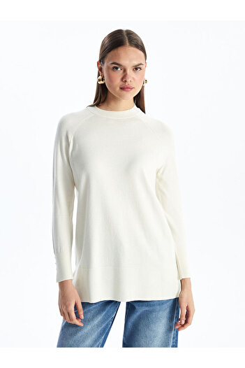 LC Waikiki Lcw Modest Ecru Crew Neck Solid Long Sleeve Women's Knitwear Tunic