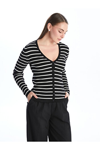 LC Waikiki Long Sleeve V-Neck Striped Women's Knitwear Cardigan
