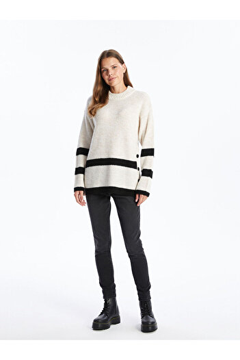 LC Waikiki Lcw Comfort - Ecru Striped Crew Neck Women's Knitwear Tunic