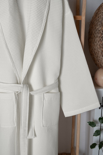 HOME 1961 Μπουρνούζι 100% βαμβακερό Unisex Cream Waffle Pique - Μπουρνούζι με γιακά με υψηλή απορρόφηση νερού και μαλακό σάλι - Home1961