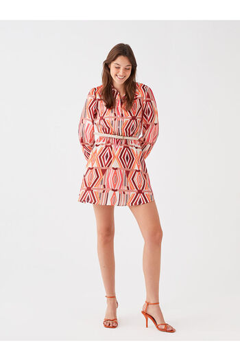 LC Waikiki LCW Vision Damen-Hemdkleid aus Satin mit rotem Muster und langen Ärmeln