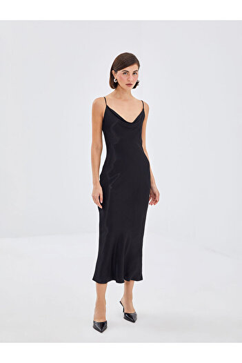 LC Waikiki Draped Collar Strap Tie-Dye Patterned Satin Women's Dress