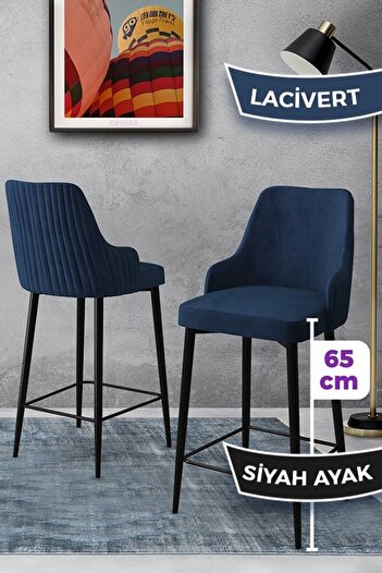 Canisa Tera Serisi 2 Lacivert Sandalye 65 Cm Ada Mutfak Bar Sandalyesi Babyface Kumaş Siyah Metal Ayaklı