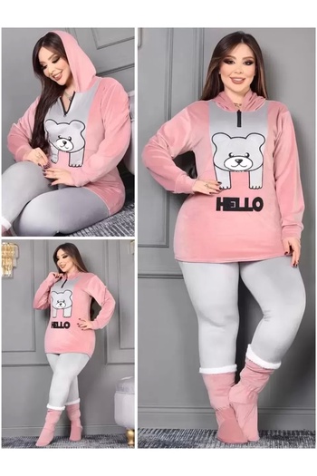 AZRA BUTİK Hello Written Velvet Suit σε σκόνη