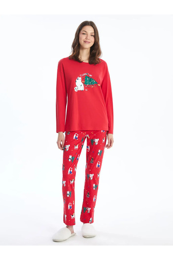 LC Waikiki Vibrant Red Printed Crew Neck Christmas Themed Women's Pajamas Set