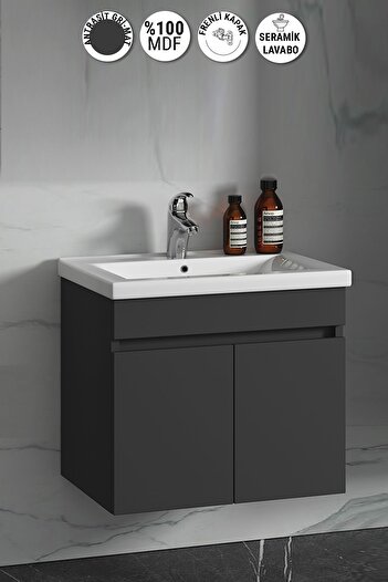 ÖZCEDEN Çiğdem 65 Cm Antrasit Gri Mat MDF Seramik Lavabolu Asma Banyo Alt Dolabı