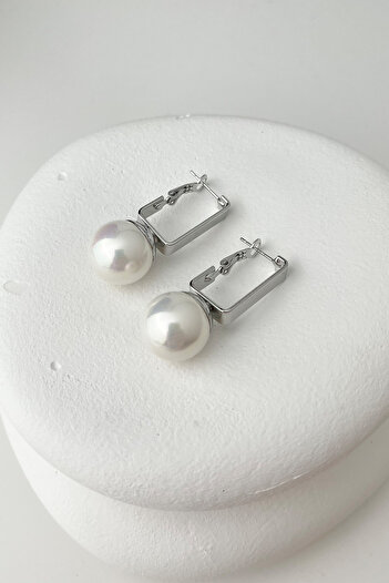 Modex White Pearl Dangle Rectangle Earrings - 4cm