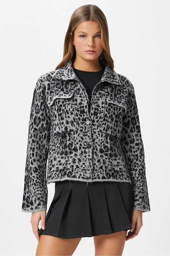 Ritnice Women's Laura Soft Texture Gray Polo Neck Pocket Knitwear Jacket Cardigan