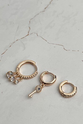 Modex Gold Color Key Detail Triple Earring Set