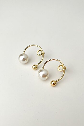 Modex Gold Color Curved Pearl Earrings (2cm)