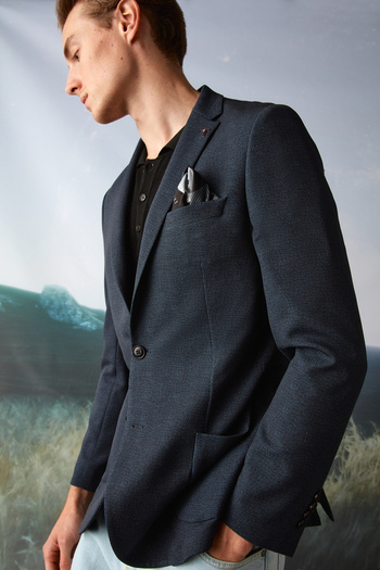 Tween Slim Fit Lacivert Melanj Viskon Karışımlı Sihirli Kumaş Ceket