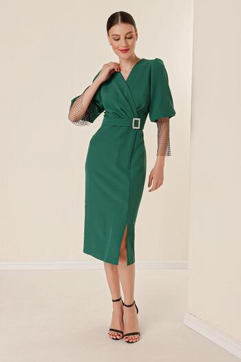 By Saygı Large Size Double Breasted Collar Dress with Balloon Sleeve and Bead Detail