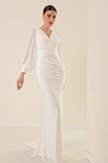 By Saygı Double Breasted Neckline Front Gathered Lined Long Chiffon Dress