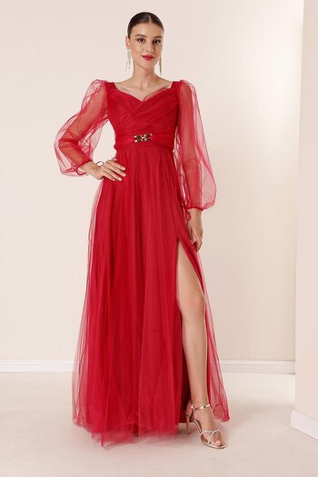 By Saygı Front Back V Neck Waist Stoned Draped Lined Long Tulle Dress