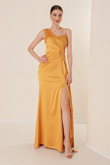 By Saygı One Side Rope Strap Beaded Guipure Detail Lined Front Slit Long Satin Dress
