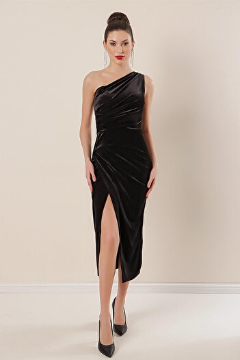 By Saygı One Shoulder Front Gathered Velvet Dress