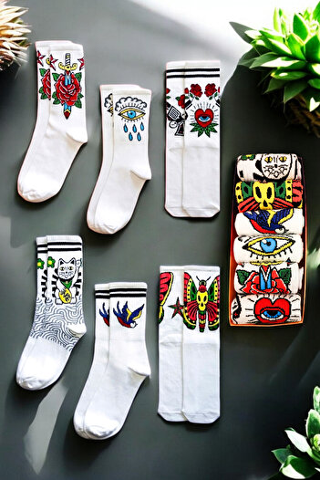 ZEYZEY MONKEY Butterfly Rose Cat Pattern Mixed Color Sports Socks Set in a Special Gift Box of 6
