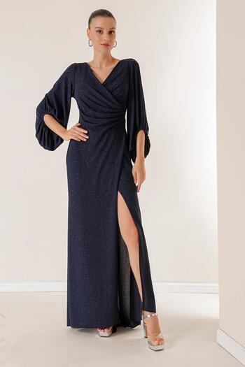 By Saygı Double Breasted Neck Front Draped Lined Glittery Long Dress