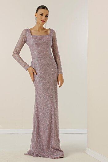 By Saygı Wide Cut - Square Collar Stone Detailed Long Dress