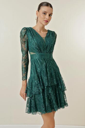 By Saygı Front Back V-Neck Lined Layered Lace Short Dress