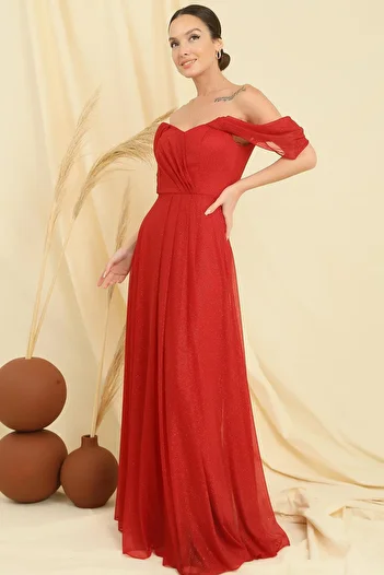 By Saygı Low Sleeve Lined Skirt Pleated Glitter Long Tulle Dress