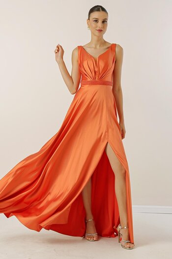 By Saygı V-Neck Thick Strap Waist Beaded Lined Wide Size Long Satin Dress