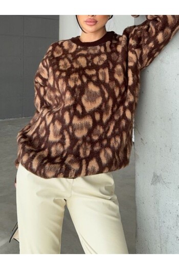 Modamorfo Leopard Print Round Neck Raised Knitwear Tunic -Brown