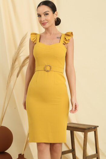 By Saygı Lined Waist Belted Crepe Dress with Frilly Straps and Glop Detail