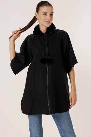 By Saygı Collar Furry Pompom Detailed Pocket and Sleeves Beaded Front Zipper Imported Stash Poncho Coat