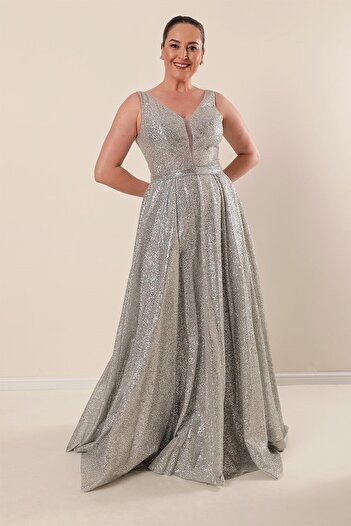 By Saygı Front Back V-Neck Lining Plus Size Long Dress with Mirror