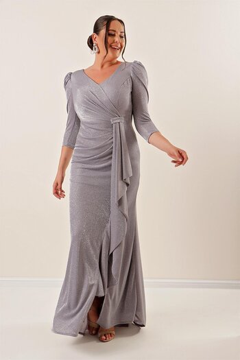 By Saygı Three Quarter Sleeve Flounce Front Lined Glittery Plus Size Long Dress