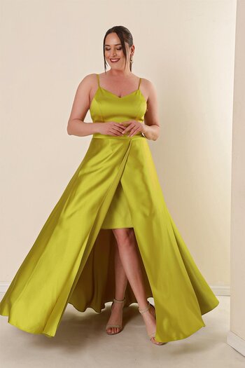 By Saygı Rope Strap Lined Front Slit Plus Size Long Satin Dress