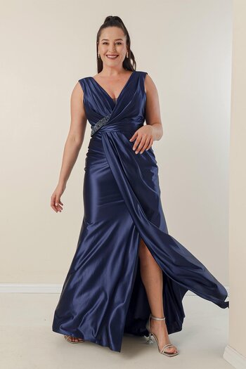 By Saygı Lined Plus Size Long Satin Dress with Draped Front and Bead Detail