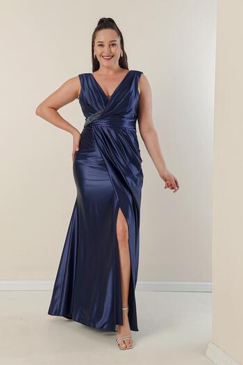 By Saygı Lined Plus Size Long Satin Dress with Draped Front and Bead Detail