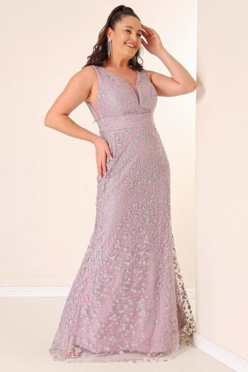 By Saygı Front Back V-neck Lined Jewelled Large Size Long Fish Dress