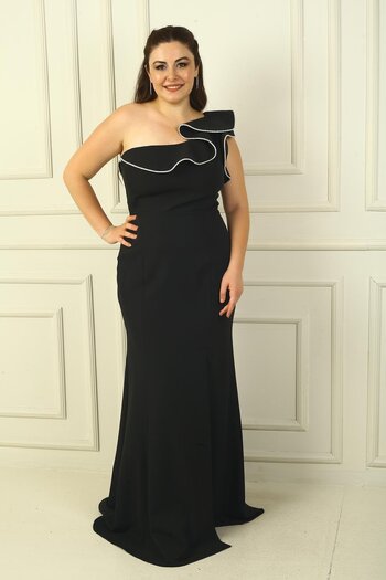 By Saygı Plus Size One Shoulder Jewelled Slit Lined Long Crepe Evening Dress